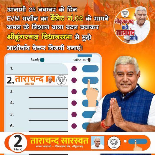 May be an image of 4 people and text that says "आगामी 25 नवम्बर के दिन EVM मशीन का बैलेट नं.02 के सामने श्रीडूंगरगद कमल के निशान वाला बटन दबाकर चावै श्रीडूंगरगढ़ विधानसभा से मुझे ताराचंद आवे आशीर्वाद देकर विजयी बनाएं| Ready Ballot Unit 2. .ताराचन्द सारस्वत 3. 5. 6. 2 नं. ताराचन्द सारस्वत भाजपा प्रत्याशी विधानसभा क्षेत्र, श्रीडूंगरगढ़ बैलेट"